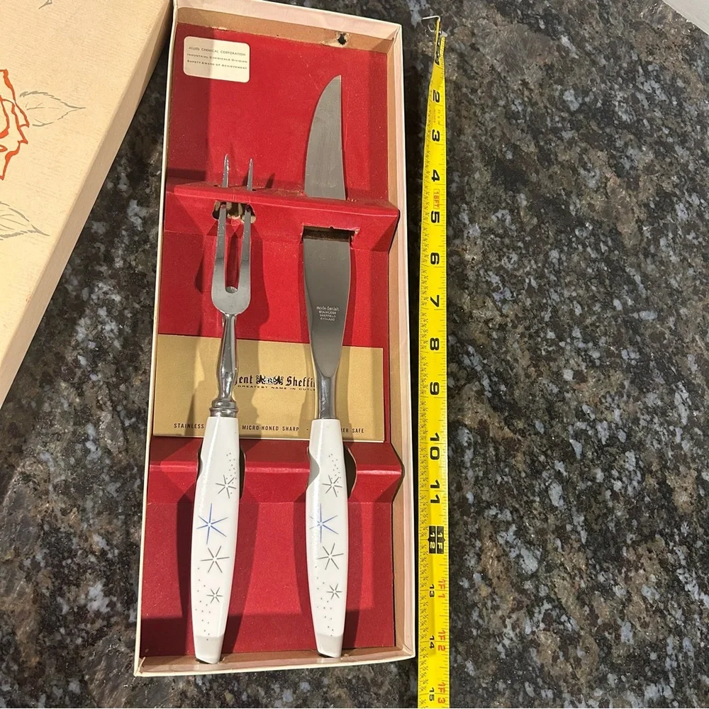 MID CENTURY MODE DANISH Regent SHEFFIELD FORK KNIFE CARVING SET 2 PC Starburst